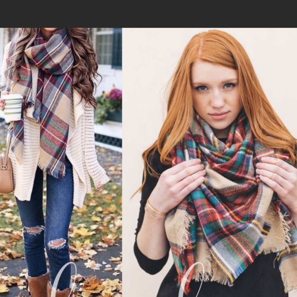 Plaid scarf. NWT RED, green, beige, winter, fringe Christmas, fall - Picture 6 of 12